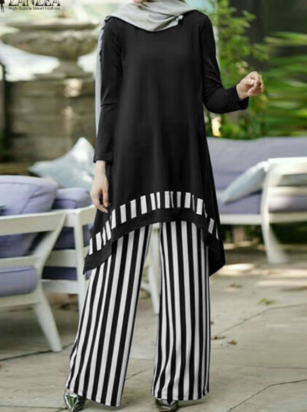 Blus kerja dengan lengan puff dan motif garis vertikal